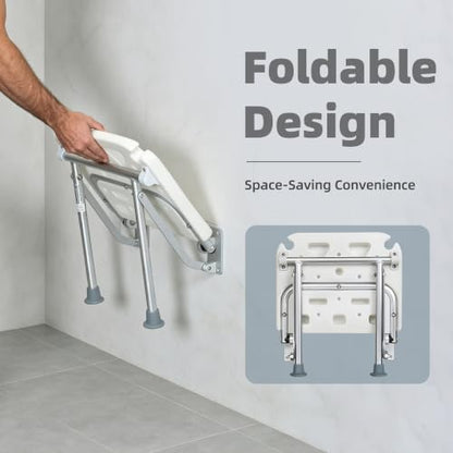 Wall-Mounted Foldable Shower Seat for Seniors | 400 lbs Capacity, Space-Saving Bath Bench for Seniors, Pregnant Women & Mobility Impaired, Non-Slip Feet, Drainage Holes