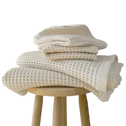 PÜSKÜL Organic Raw-Undyed Waffle Towels for Bathroom Set 4-Piece | Natural 100% Turkish Cotton Luxury 2 Hand Towel & 2 Bath Towel | Absorbent Quick Dry Lightweight Bath Towels Oeko-Tex Made in Turkey - color: Natural Beige