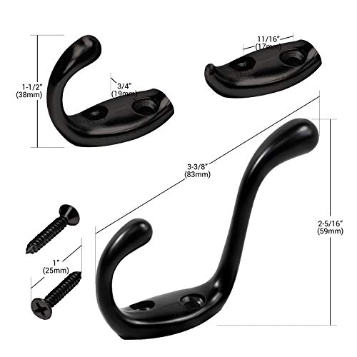 5 Pack Rok Hardware Heavy Duty Dual Home Closet Wall Towel Coat Hook, 3-1/2", Black ROKCH101BLK