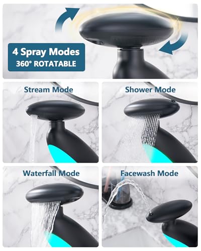 Pull Out LED Bathroom Faucet, 4 Modes Single Handle Waterfall Bathroom Sink Faucet, 3 Colors Light Changing Stainless Steel Bath Faucets, 360° Rotating LED Faucets 1 Hole, 1 Pack, Matte Black - color: Matte Black