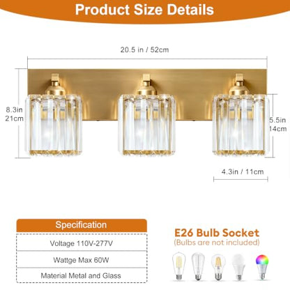 Gold Crystal Bathroom Vanity Light, 3-Light Modern Bathroom Lighting Fixtures Over Mirror,Chrome Wall Sconce Light Fixtures with Square Shade - color: Gold-Square Shade, size: 3-LIGHT