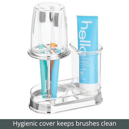 mDesign Plastic Toothpaste and Toothbrush Holder Center with Cup/Cover - Organizer for Bathroom Vanity Countertop - Holds Paste, Floss, Accessories - Hyde Collection - Clear - color: Clear