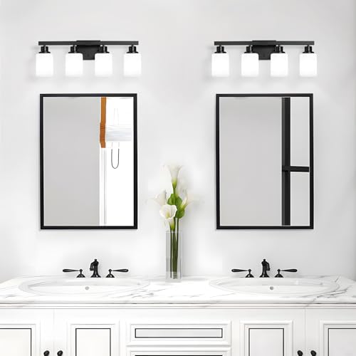 4-Light Bathroom Vanity Light, Modern Matte Black Bathroom Light Fixtures with Square Frosted Glass, Wall Sconces fixtures Over Mirror Restroom,Living Room Hallway E26 - color: Black, size: 4-Light