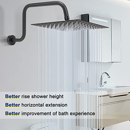NearMoon S Shape Shower Extension Arm with Flange, Stainless Steel High Rise Shower Head Extender Pipe, Horizontal Extension Standard 1/2" Connection- Bathroom Accessory, 16 Inch (Matte Black)