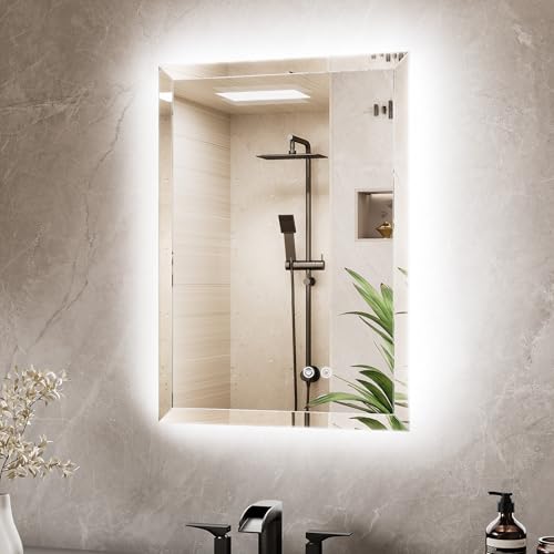20 x 28 Backlit Mirror Bathroom, LED Vanity Mirror with Beveled Edge, Tempered Glass, 3 Colors Lights, Anti-Fog, Dimmable, Memory Function, UL-Listed, Frameless LED Vanity Wall Mirror - size: 28"L x 20"W
