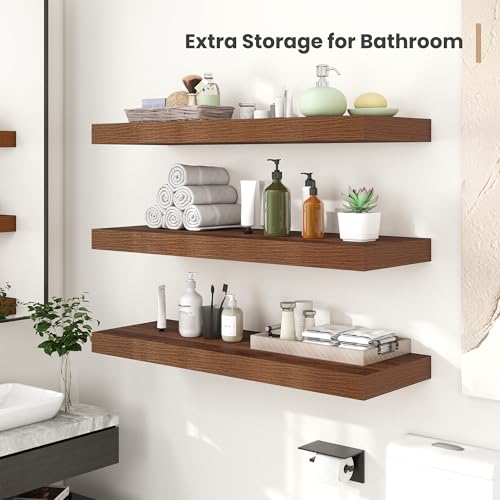 Heimlove 12 Inch Deep Floating Shelves, 16 x 12 inches Wall Shelves Set of 2,2 Inch Thick Invisible Wall Mounted Shelves for Bathroom Bedroom Nursery,Black - color: Walnut, size: 16"W x 12"D x 2"H, Set of 2