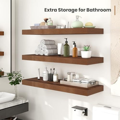 Heimlove 12 Inch Deep Floating Shelves, 16 x 12 inches Wall Shelves Set of 2,2 Inch Thick Invisible Wall Mounted Shelves for Bathroom Bedroom Nursery,Black - color: Walnut, size: 16"W x 12"D x 2"H, Set of 2