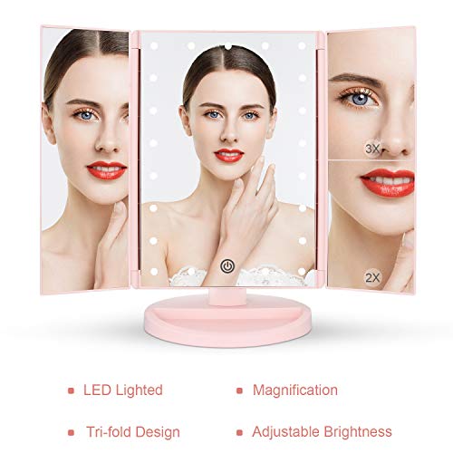 Tabletop Mount Tri-Fold Lighted Vanity Mirror with 21 LED Lights, Touch Screen and 3X/2X/1X Magnification, Two Power Supply Modes Make Up Mirror,Travel Mirror - color: Pink