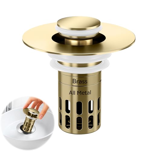 (All Metal) Bathroom Sink Stopper, Pop Up Drain Strainer for Bathroom Sink, Sink Plug Hair Catcher, Silent Popper Core w/Removable Filter Basket,Fit 1.05~2.0''Basin (Gold, 1 Pack) - color: Gold, size: 1 Pack