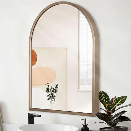 Arched Wall Mirror Aluminum Alloy Frame Bathroom Mirror Brushed Metal Vanity Wall Mounted Mirror for LivingRoom Bedroom Entryway Room Home Decor Brass 16"x12" - color: Brass, size: 16"L x 12"W