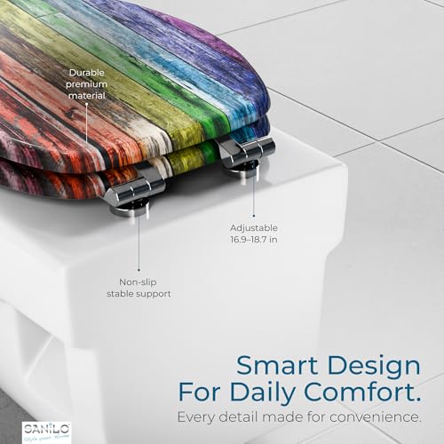 SANILO Wooden Toilet Seat with Soft Close [ELONGATED] - Decorative, Quiet & Slow Close Molded Wood Seat - With Strong Bumpers & Hinges - Adjustable Fit - Rainbow - color: Rainbow