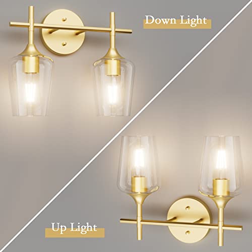 Ralbay Gold Bathroom Light Fixtures 2-Lights with Clear Glass Modern Wall Mount Lighting Industrial Farmhouse Gold Bathroom Vanity Lights Wall Sconce - color: Gold, size: 2-Light