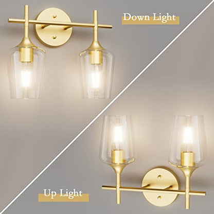 Ralbay Gold Bathroom Light Fixtures 2-Lights with Clear Glass Modern Wall Mount Lighting Industrial Farmhouse Gold Bathroom Vanity Lights Wall Sconce - color: Gold, size: 2-Light