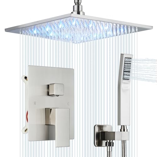 Shower System 12 Inch LED Square Showerhead Shower Faucet Set Shower Kit with Handheld Spray SUS304 Stainless Steel Shower Trim Kit Handheld shower with Rough-in Valve Brushed Nickle… - color: Brushed Nickel, style: 12"-led
