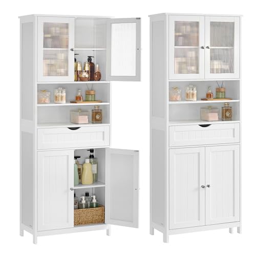 VASAGLE Storage Cabinet, Freestanding Storage Unit with Adjustable Shelves, Drawer, Open Compartments, for Bathroom, Living Room, Kitchen, Cloud White UBBC768WH01S - size: 11.8"D x 23.6"W x 69.9"H, style: 4 Doors + 2 Open Compartments