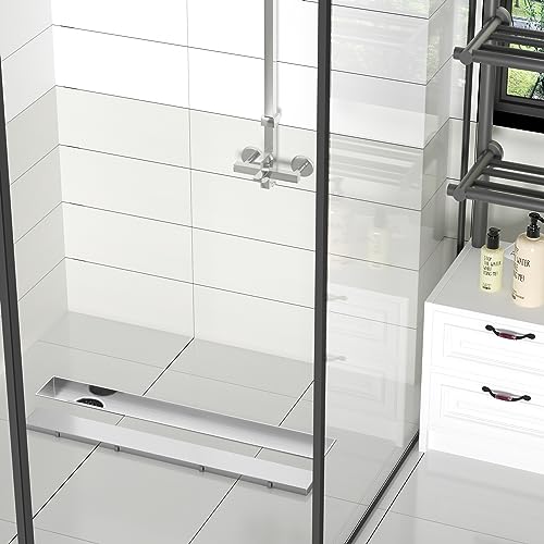 Neodrain 36-Inch Offset Linear Shower Drain with Tile Insert Grate Cover, Brushed 304 Stainless Steel Rectangle Side Outlet Shower Floor Drain, Adjustable Leveling Foot, Hair Strainer/Catcher | 304 Stainless Steel Rectangle Side Outlet Shower Floor Drain,