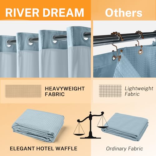 River Dream No Hooks Shower Curtain with 2 Snap in Liner, Pink, 71Wx74H | Waffle Weave, 1 Attached Snap in Liner and 1 Extra Replacement Liner, Bathroom Curtains Shower Set, Hotel Grade, Spa Like - color: Blue