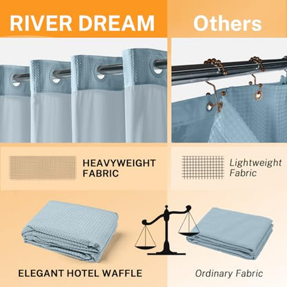 River Dream No Hooks Shower Curtain with 2 Snap in Liner, Pink, 71Wx74H | Waffle Weave, 1 Attached Snap in Liner and 1 Extra Replacement Liner, Bathroom Curtains Shower Set, Hotel Grade, Spa Like - color: Blue