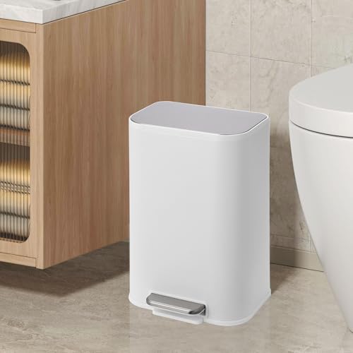GarveeHome 3.2 Gal Stainless Steel Bathroom Trash Can with Lid, White | Rectangular Small Step Waste Bin, Hands-Free Foot Pedal, Removable Inner Bucket, Quiet Close, for Bedroom Restroom - color: White, size: 12 L