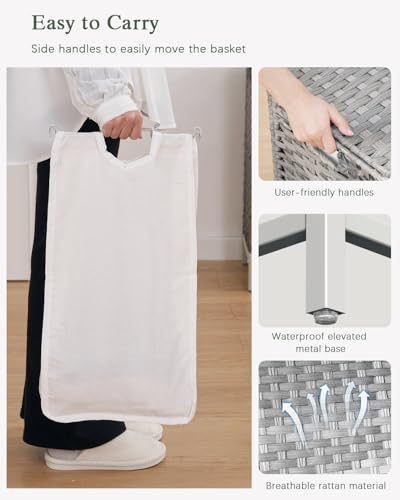 SETVSON Laundry Hamper with Lid, 112 L Handwoven PE Rattan Wicker, Gray | 2-Section Large Basket, 2 Removable Liner Bags, Heightened Metal Feet, 6 Mesh Laundry Bags, Foldable Side Handles - color: Gray, size: 112 L - 29.6 gal
