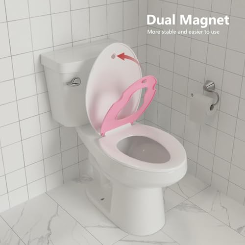 19" Elongated Toddler Toilet Seat, Built-In Potty Training Seat with Soft Quiet Close Non-Slip Design, Magnetic Kids Seat and Cover for Family Bathrooms, Durable and Easy to Clean,Pink - color: Pink, with Toddler Seat, size: Elongated (19″)