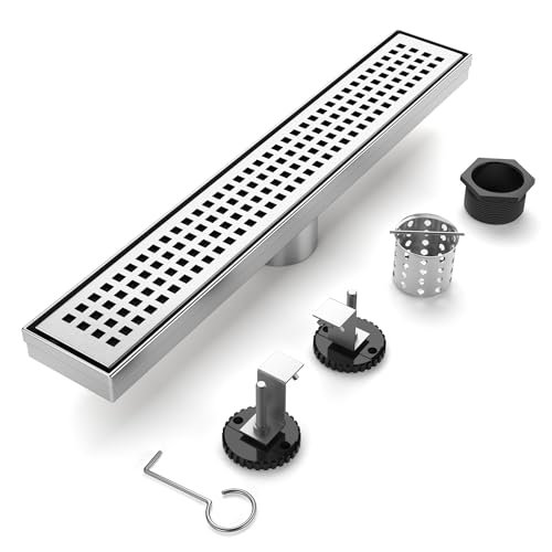 Linear Shower Drain - 12 Inch Brushed Nickel, with Grate Removable | AISI 304 Stainless Steel Shower Drain with Adjustable Feet, Hair Catcher, Rectangle Shower Floor Drain Fits Bathroom, Balcony - color: Brushed Nickel, size: 12 Inch