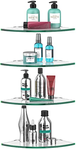 4 Pack Glass Corner Shower Shelf Bathroom Corner Shelves Wall Mounted Tempered Glass Shower Caddy Corner Shelf for Inside Tile Shower Organizer Shampoo Bottle Holder 9.4" R - size: 9.4R-4PCS
