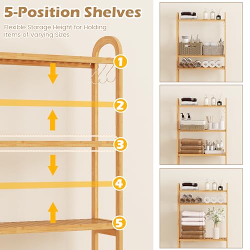 Tangkula 3-Tier Over the Toilet Storage Rack, Bamboo Bathroom Stand Organizer with 5-Position Shelves, 3 Hooks, Adjustable Bottom Bar, Freestanding Space Saver Toilet Shelf for Laundry Room (Natural)