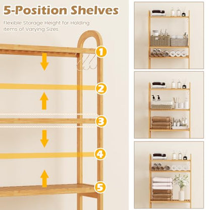 Tangkula 3-Tier Over the Toilet Storage Rack, Bamboo Bathroom Stand Organizer with 5-Position Shelves, 3 Hooks, Adjustable Bottom Bar, Freestanding Space Saver Toilet Shelf for Laundry Room (Natural)