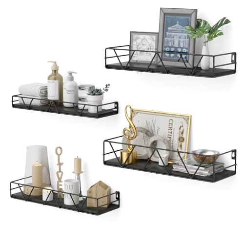 Floating Shelves Set of 4, Wood Wall Shelf, Farmhouse Shelf for Bedroom | Wall Mounted Floating Shelf for Living Room, Bedroom, Bathroom, Kitchen, Office - color: Black-4pcs
