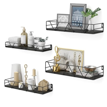 Floating Shelves Set of 4, Wood Wall Shelf, Farmhouse Shelf for Bedroom | Wall Mounted Floating Shelf for Living Room, Bedroom, Bathroom, Kitchen, Office - color: Black-4pcs