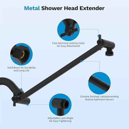 All-Metal Shower Extension Arm, G1/2" Universal/Adjustable, 11-Inch, Black | Brass Flexible Shower Head Extender Height/Angle Adjusted, Stainless Steel Pipe Extending with Lock Joint for Rain Showerhead - color: Matte Black, size: 11 Inch