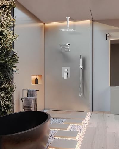 Polished Chrome 3-Function Shower System with 10" Rainfall & 6" Secondary Shower Head, Handheld Combo Set, Wall Mounted cUPC Certified Pressure Balance Valve - color: Polished Chrome