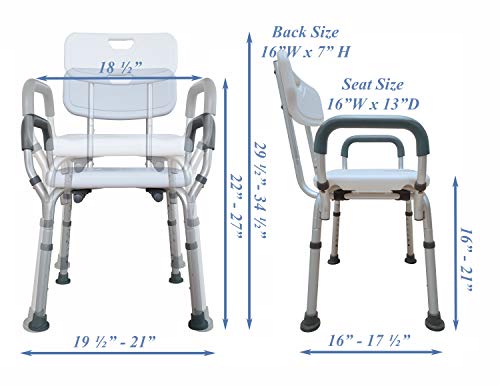 Deluxe Armed Shower & Bath Chair with Back & Arms, Snap On Tool Free Assembly, Lightweight & Seat Height Adjustable, Great for Travel (Hygienic with Back)