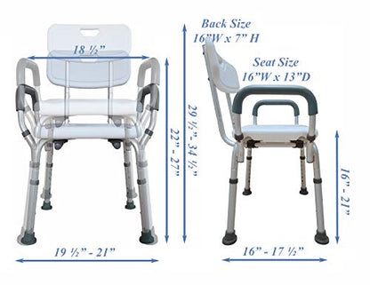 Deluxe Armed Shower & Bath Chair with Back & Arms, Snap On Tool Free Assembly, Lightweight & Seat Height Adjustable, Great for Travel (Hygienic with Back)