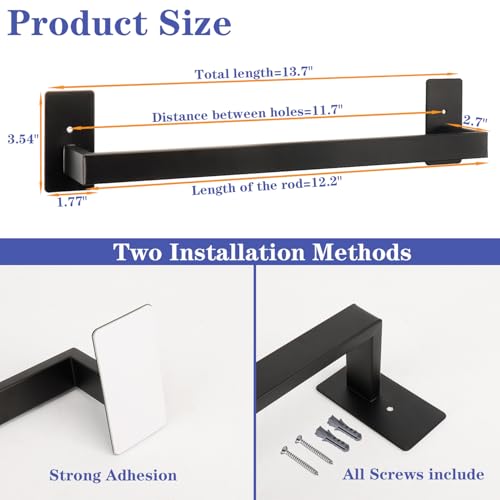 Vanloory Self Adhesive 12 Inches Square Towel Bar + 6 Pcs Adhesive Square Coat Hooks, Sturdy No Drilling Towel Rack and Robe Hook Premium 304 Stainless Steel Bathroom Accessories for Bathroom Kitchen
