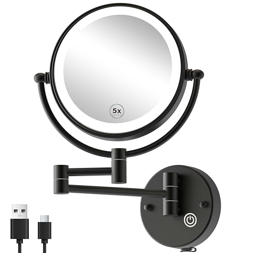 Wall Mounted Makeup Mirror with Lights, Rechargeable, Brass, Matte Black | 2 Sided 1X/5X Magnifying, 3-Colors LED, Touch Dimmable, Memory Function, Extended Arm 360 Rotation, Bathroom Close up Vanity - color: Matt Black