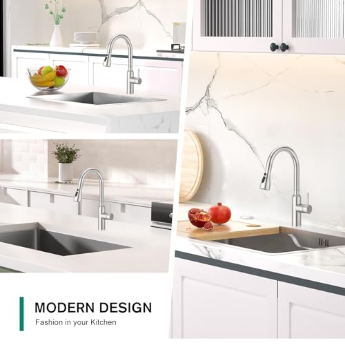 CREA Brushed Nickel Kitchen Faucets with Pull Down Sprayer, Faucets for Kitchen Sink, Small High Arc RV Stainless Steel Single Handle Pull Out Kitchen Sink Faucets, Brushed - color: Brushed, style: standard