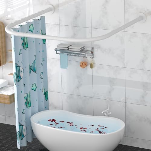 U Shower Curtain Rod Adjustable Stainless Steel U Shaped Rack Drill Free Install for Bathroom, Bathtub, Clothing Store (U Shaped White, Length on both sides:31.5"-47",Middle width:34.7"-43")