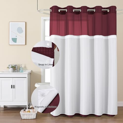 Colorful Star No Hook Waffle Shower Curtain with Snap in Fabric, Waterproof Shower Curtains with See Through Top Window, Hotel Luxury Heavy Duty Bathroom Curtain and Liner Set, 72'' x 75'', Burgundy - color: Burgundy, size: 72"W x 75"L (Pack of 1)