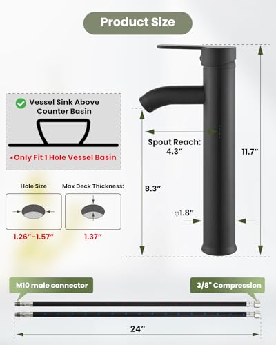 gotonovo Bathroom Vessel Sink Faucet Metal Pop Up Drain, Matte Black | Tall Bathroom Faucet 1 Hole Single Handle Modern Round Body, cUPC Water Supply Hoses, for Basin Vanity Lavatory Restroom Rv - color: Black