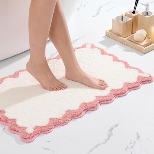 ORTIGIA Scalloped Pink Bathroom Rugs Non Slip Washable, Quick Dry Absorbent Soft Plush Microfiber Bath Mats, Bath Rugs for Bathroom Floor Carpet for Sink Bedroom, Pink and White, 20x32 - color: A-pink and White, size: 1'8" x 2'8" (Scalloped)