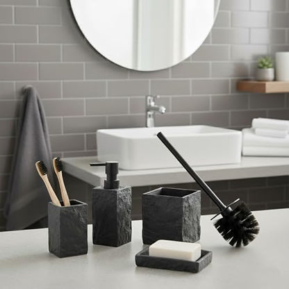 Collection Stone Effect Bath Accessory Set-4 Pieces, Resin, Black | Soap Dispenser, Tumbler, and Toilet Brush Holder, Contemporary, Durable Construction, Bathroom Accessories Set, Easy to Clean - size: Black