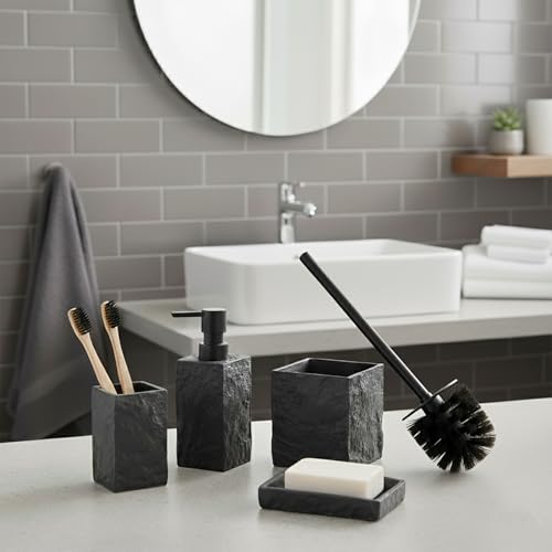 Collection Stone Effect Bath Accessory Set-4 Pieces, Resin, Black | Soap Dispenser, Tumbler, and Toilet Brush Holder, Contemporary, Durable Construction, Bathroom Accessories Set, Easy to Clean - size: Black