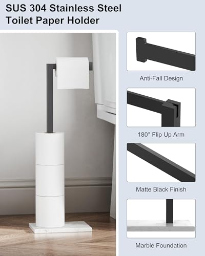 Free Standing Toilet Paper Holder Stand Matte Black Tissue Roll Holder | SUS 304 Stainless Steel Rustproof 22 Inch Rotating Bathroom Toilet Paper Stand for 4 Rolls with Marble Base by HOMEMYSTIQUE - color: Matte Black