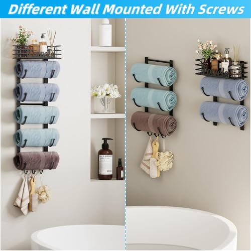 Over The Door Towel Rack 6 Tier with Metal Shelf and Hooks, Black | Wall Mounted, Rolled Towel Storage, Bathroom Door Holder Organizer