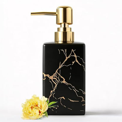Black Ceramic Soap Dispenser with Gold Stripes, Refillable Hand Soap Dispenser for Bathroom Countertop & Kitchen Sink, Modern Square Lotion Pump Bottle for Dish Soap, Hand Soap & Lotion, 10oz - color: Black Gold
