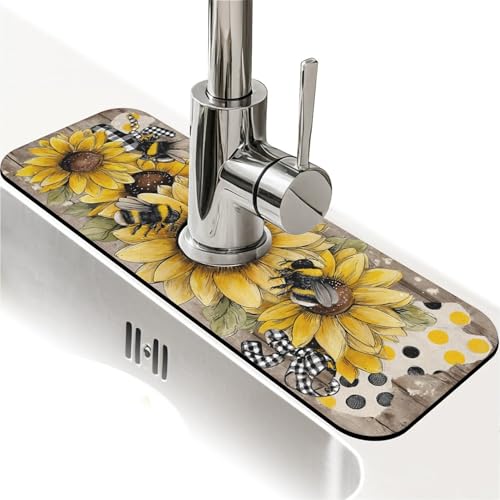 Kitchen Sink Splash Guard，Sunflower-with bumblebees Faucet Mat Sink Gadgets-Super Absorbent Fast Drying Mat Drip Catcher for Kitchen, Bathroom,Sink Mat, Dish Drying Mat, Bathroom(15" X 5.5" ) - color: Sunflower-with bumblebees