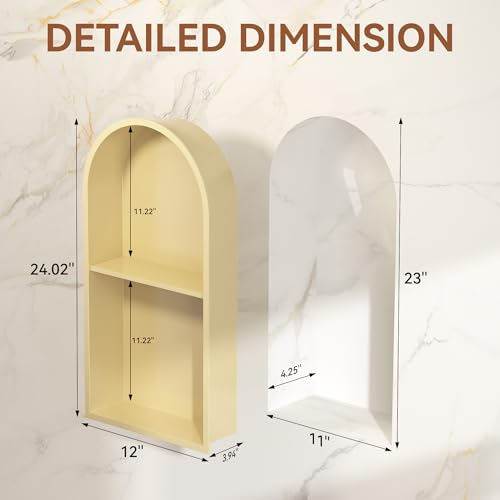 SUPERFLO Arched 12"×24" Matte Gold Stainless Steel Shower Niche for Bathroom Shower Wall, No Tile Needed Shower Shelves, Recessed Wall Niche, Double Shelves - color: Matte Gold-arched, size: 24x12" Double Shelf