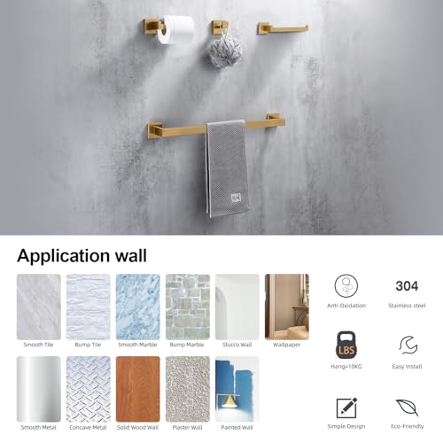 BAGNOLUX Gold Towel Bar, Bathroom Set 4 Pieces, Bath Towel Holder Set SUS304 Stainless Steel, Towel Bar Rack Set for Wall Mounted, Square Bathroom Accessories Set Fixture Heavy Duty, Brushed Brass - color: Brushed Brass